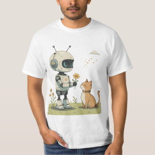 Cute Robot Gives Flower to Cat Wholesome Kids Art T-Shirt