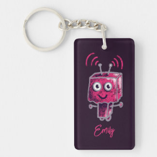 Cute Robot Grunge Pink Name Key Ring