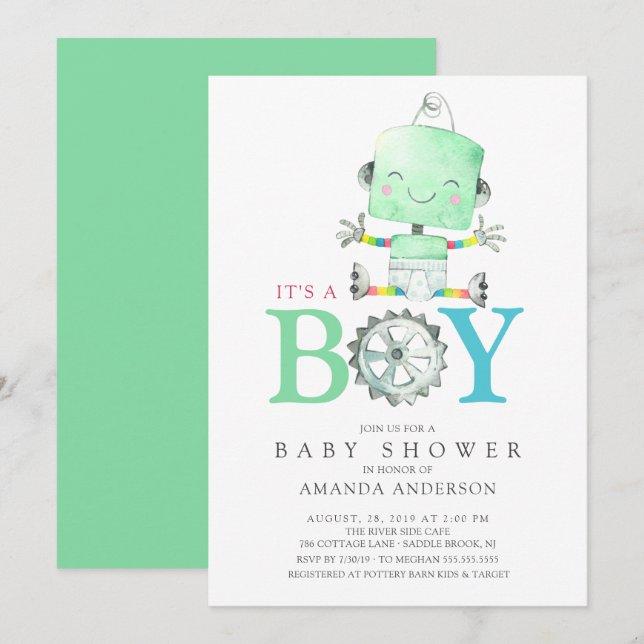 Cute Robot It's a Boy Baby Shower Invitation (Front/Back)