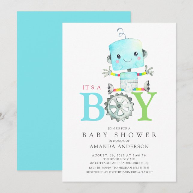 Cute Robot It's a Boy Baby Shower Invitation (Front/Back)