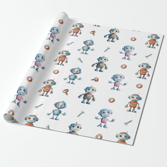 Cute Robot Kids Robotic Wrapping Paper (Unrolled)