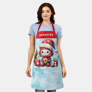 Cute Robot Monogrammed Blue and Red Christmas Apron