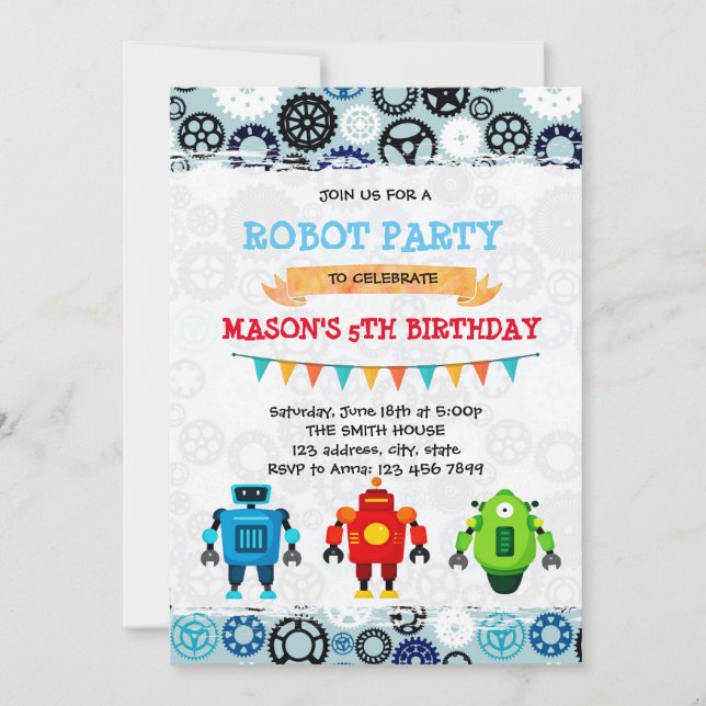 Cute robot party theme invitation (Front)