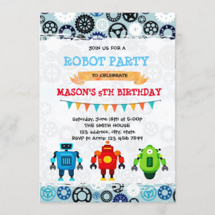 Cute robot party theme invitation