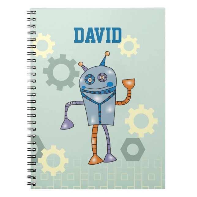 Cute Robot Personalised Name Boys Notebook (Front)