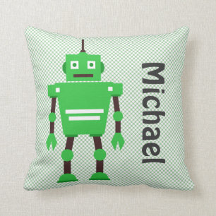 Cute Robot Pillow, Green, White, Black Cushion