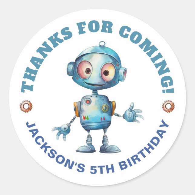 Cute Robot Thank You Kids Birthday Classic Round Sticker (Front)