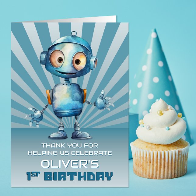Cute Robot Theme 1st Birthday Thank You Card (Creator Uploaded)