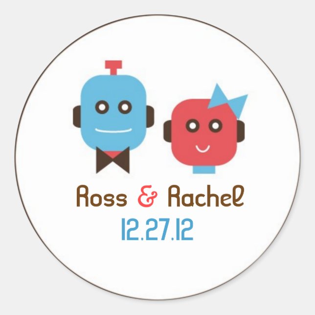 Cute Robot Theme Wedding Classic Round Sticker (Front)