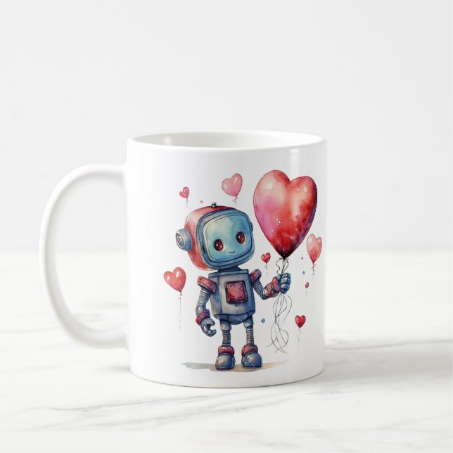 Cute Robot with a Red Heart Balloon Valentine's Coffee Mug (Left)