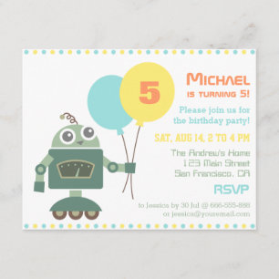 Cute Robot with Balloon Birthday Party Invitations
