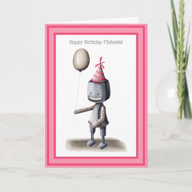 Cute Robot with Balloon Personalised Birthday Card (Front)