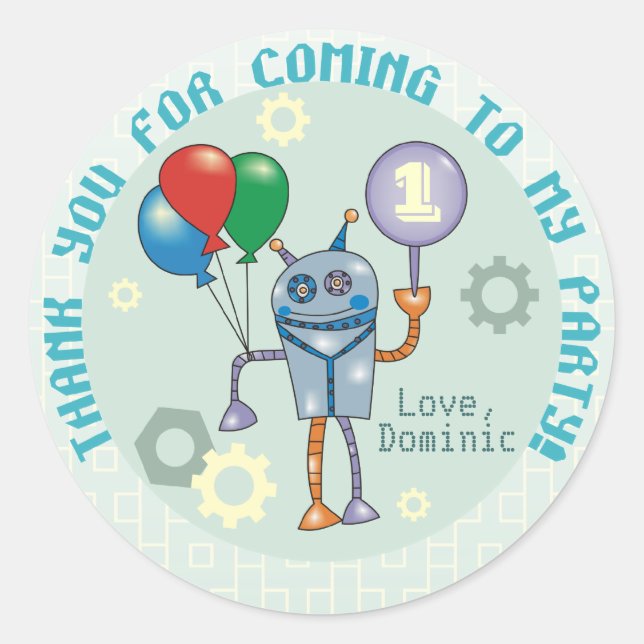 Cute Robot with Balloons First Birthday Stickers (Front)