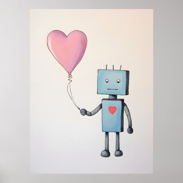 Cute Robot with Heart Balloon Poster  (Front)