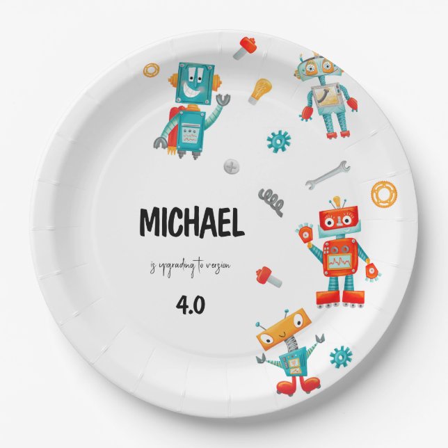 Cute Robots Birthday Paper Plate (Front)
