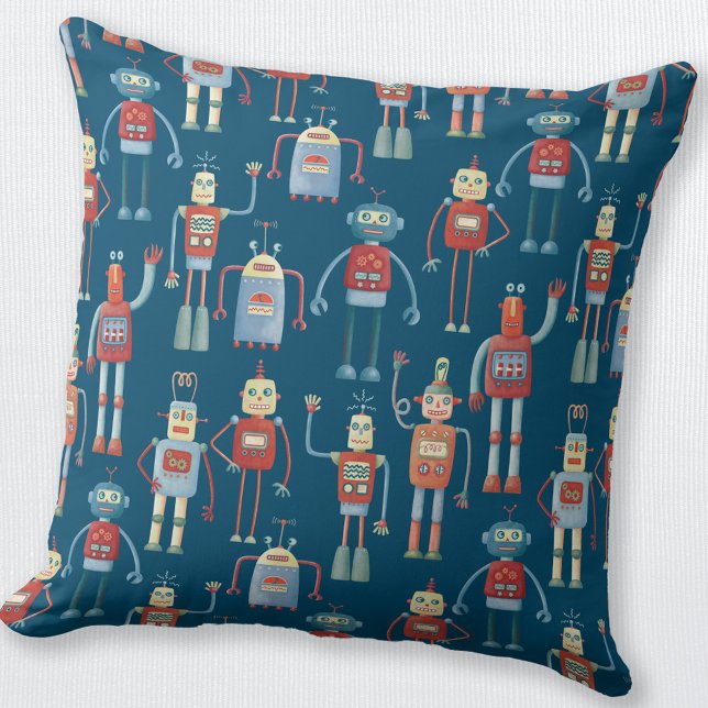 Cute Robots Cushion (Fun retro robot pattern throw pillow)