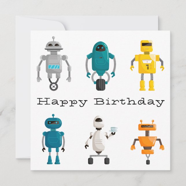 Cute Robots Droids Happy Birthday Holiday Card (Front)