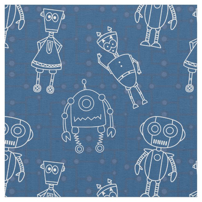 Cute robots on classic blue fabric (Close Up)