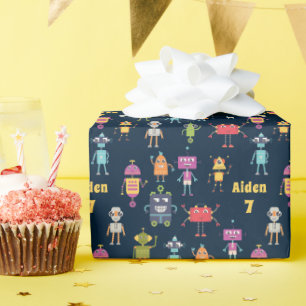 Cute Robots Pattern Name Age Birthday Wrapping Paper