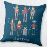 Cute Robots Personalised Cushion<br><div class="desc">Cute and helpful looking retro 1950s style robots.  Grandad probably made these in his shed.  Artificial Intelligence,  but not in a scary way. Original art by Nic Squirrell.  Change the name to personalise.</div>