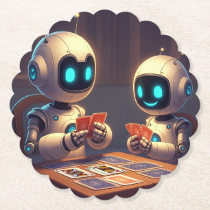 Cute Robots Playing Card Game Paper Coaster