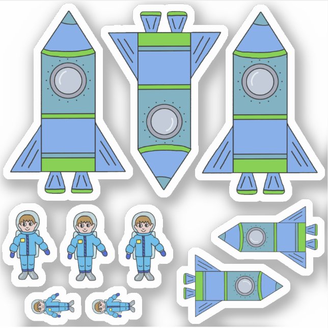 Cute Rocket Astronaut Blue Green Drawing Kids  (Front)