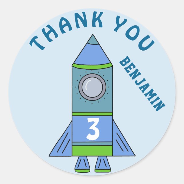 Cute Rocket Blue Kids Boy Birthday Thank you Classic Round Sticker (Front)
