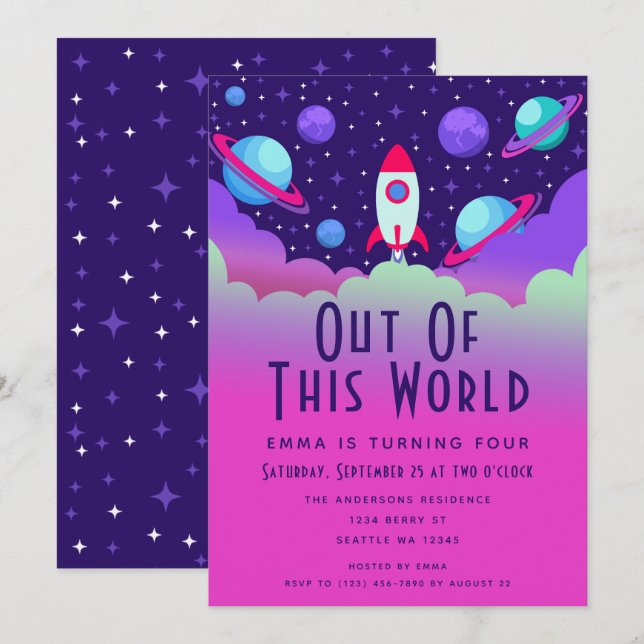 Cute Rocket Outer Space Kids Birthday Invitation (Front/Back)