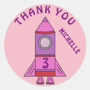 Cute Rocket Pink Kids Girl Birthday Thank you Classic Round Sticker
