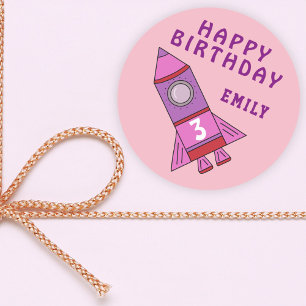 Cute Rocket Pink Kids Girl Happy Birthday Classic Round Sticker