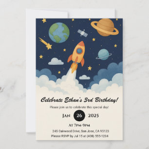 Cute Rocket & Planet Space Art Birthday  Invitation
