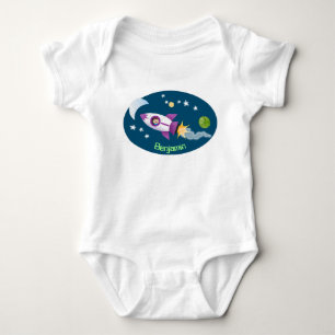 Cute rocket ship in space cartoon illustration baby bodysuit