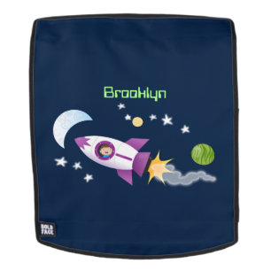 Cute rocket ship in space cartoon illustration backpack