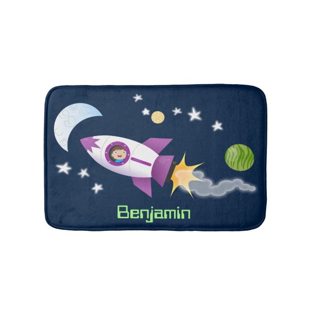 Cute rocket ship in space cartoon illustration bath mat (Front)