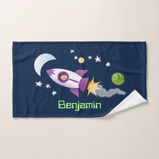 Cute rocket ship in space cartoon illustration bath towel set (Hand Towel)