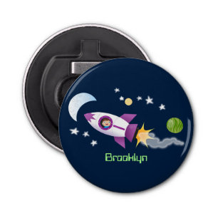 Cute rocket ship in space cartoon illustration bottle opener