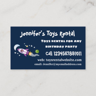 Cute rocket ship in space cartoon illustration business card