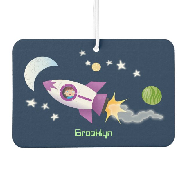 Cute rocket ship in space cartoon illustration car air freshener (Front)