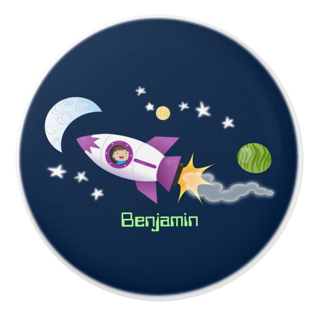 Cute rocket ship in space cartoon illustration ceramic knob (Front)