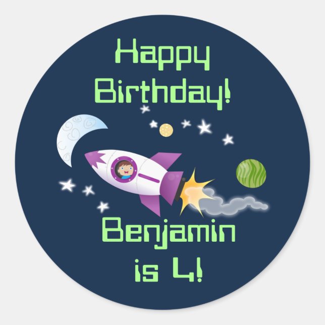 Cute rocket ship in space cartoon illustration classic round sticker (Front)