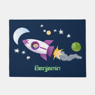 Cute rocket ship in space cartoon illustration doormat