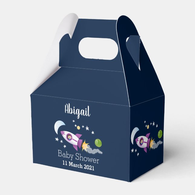 Cute rocket ship in space cartoon illustration favour box (Front Side)