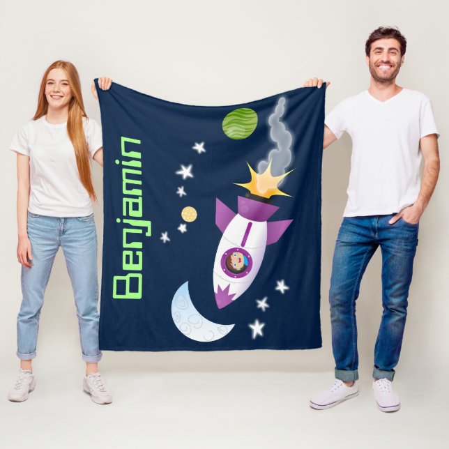 Cute rocket ship in space cartoon illustration fleece blanket (In Situ)