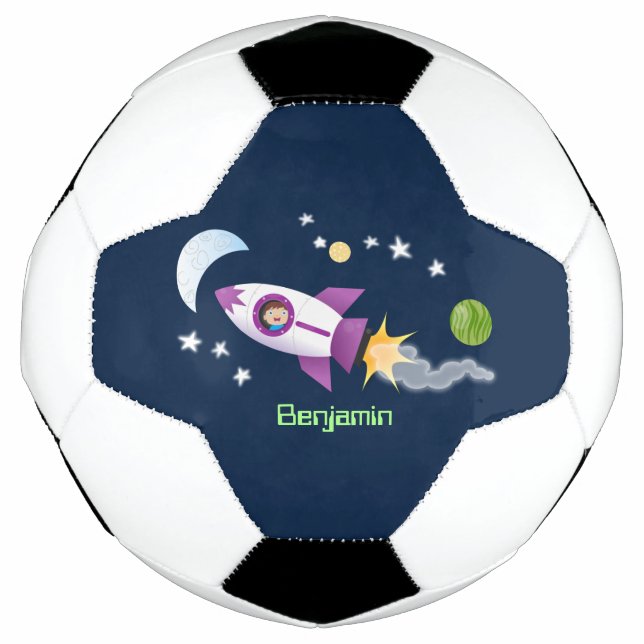 Cute rocket ship in space cartoon illustration football (Front)
