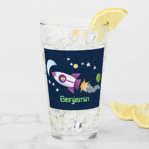 Cute rocket ship in space cartoon illustration glass