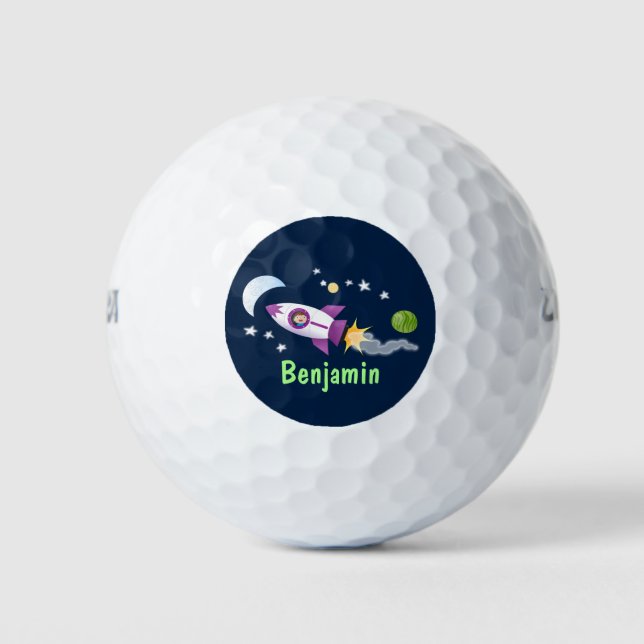 Cute rocket ship in space cartoon illustration golf balls (Front)