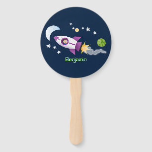 Cute rocket ship in space cartoon illustration hand fan
