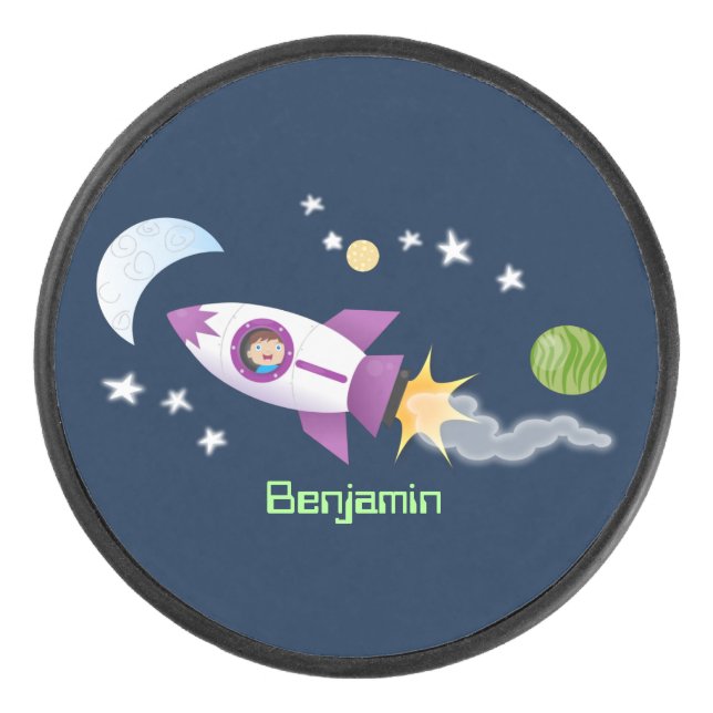 Cute rocket ship in space cartoon illustration hockey puck (Front)