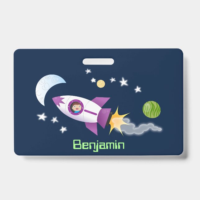 Cute rocket ship in space cartoon illustration ID badge (Front)