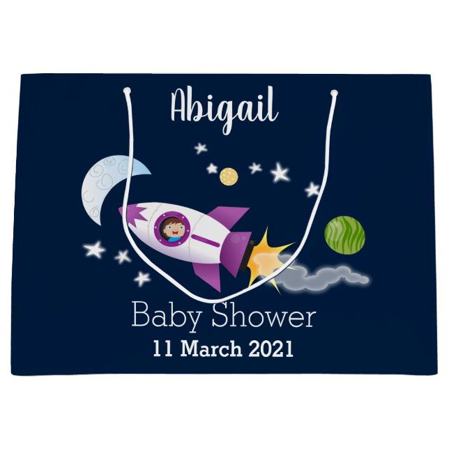 Cute rocket ship in space cartoon illustration large gift bag (Front)